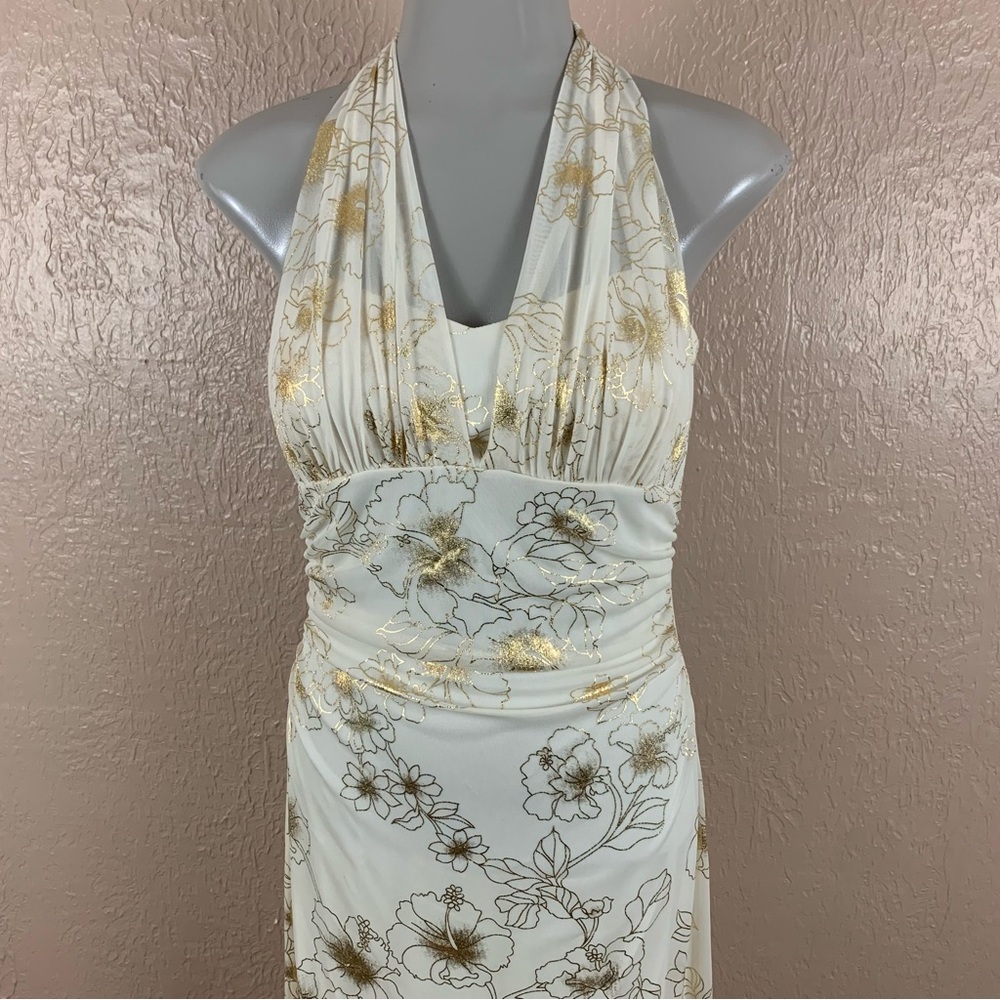 Taboo Gold Metallic Floral Halter Full Length Dress